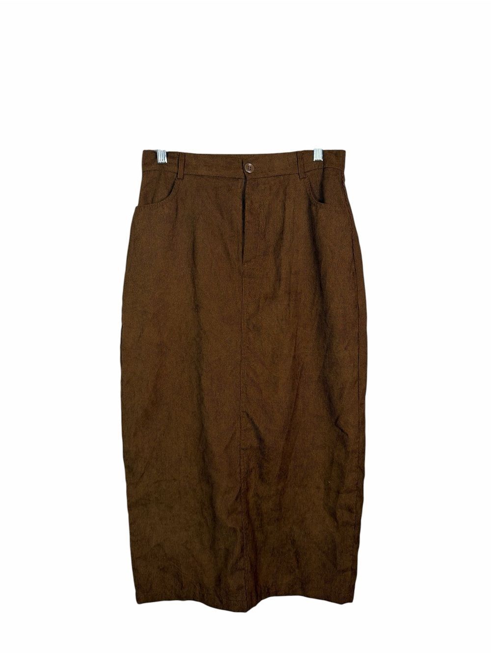 Cider Brown Ribbed Pleated High Waist Midi Skirt Pockets